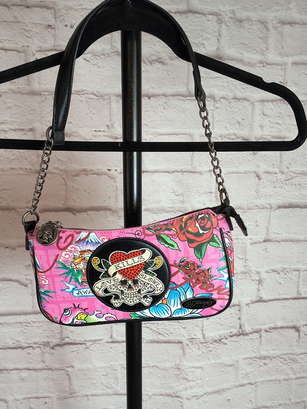 Ed Hardy Pink Floral Skull Mini Crossbody